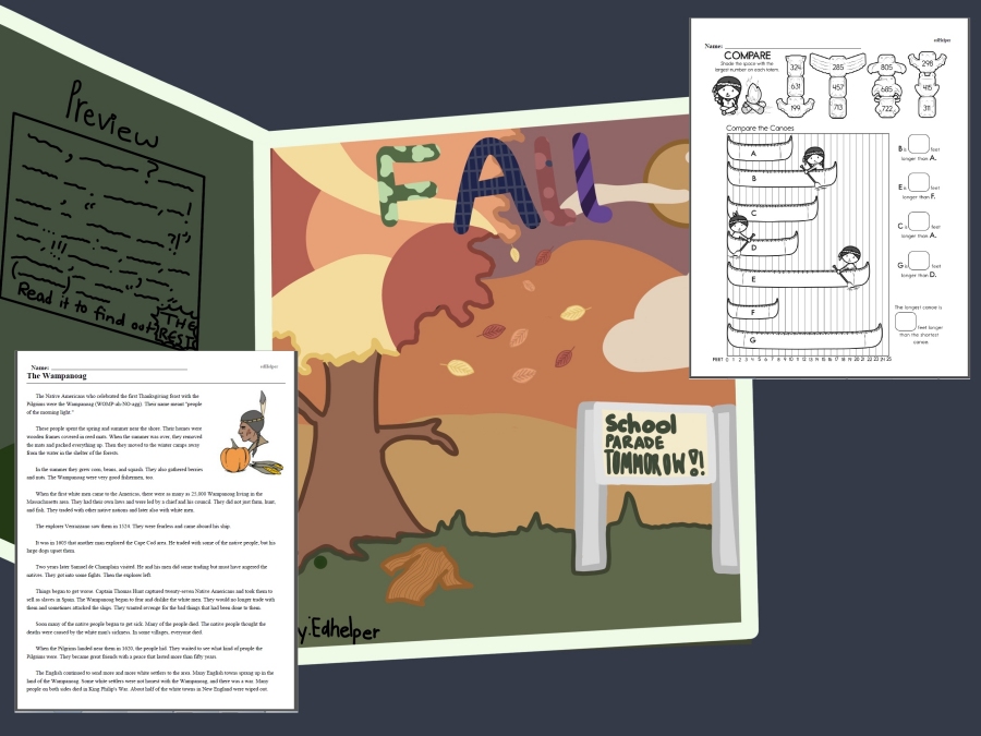 Fourth Grade - Autumn, Thanksgiving, and Pilgrims Activity Book with New Pages Each Time