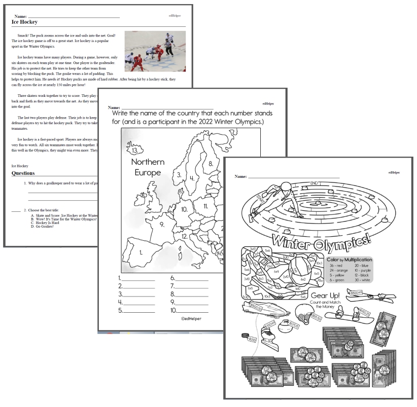 Large (One NO PREP PDF) of Winter Olympic worksheets to pick from for third to sixth-grade classrooms. This is a TOP Teacher Download!<BR><BR>