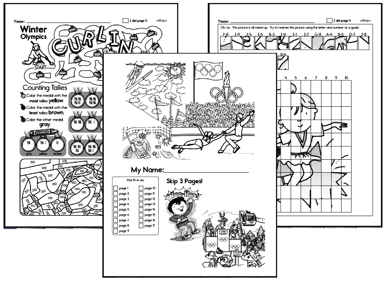 Winter Olympic Worksheet Workbooks<BR><BR>Activity book with a cover sheet. Kids will enjoy the puzzles, being able to pick which pages to do, and learning while they enjoy watching the Winter Olympics.<BR>