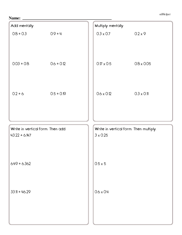 Adding, Multiplying, and Dividing Decimals with Mental Math, Algebraic Concepts, and Word Problems