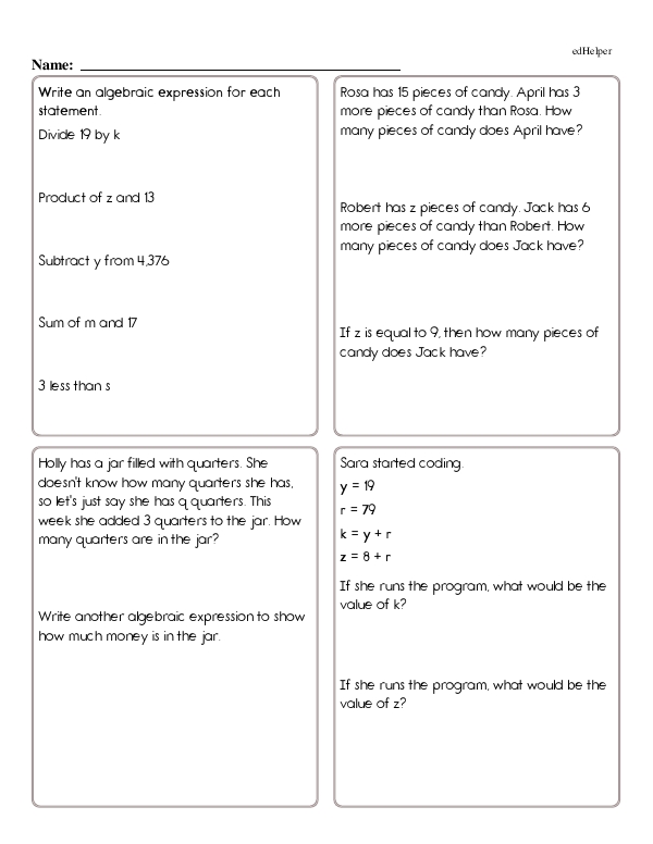 Algebraic Word Problems and Writing Expressions
