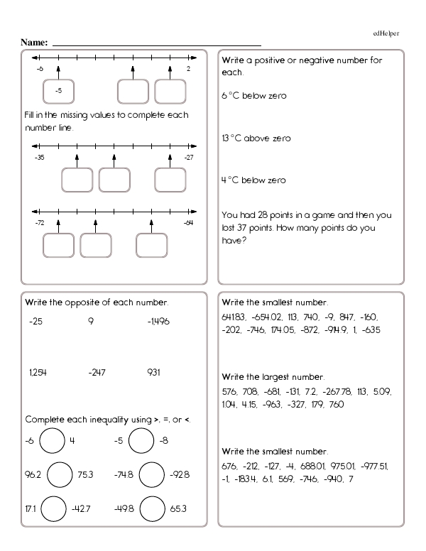 Comparing Negative Numbers: Writing Opposites, Completing Inequalities, and More