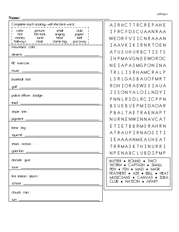 Completing Analogies and Vocabulary Word Finds