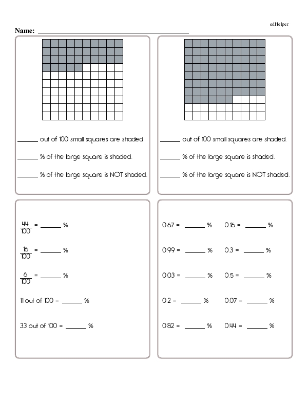 Converting Percents, Decimals, and Fractions With Shaded 100 Blocks