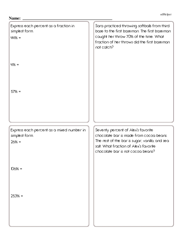 Converting Percents, Decimals, and Fractions With Word Problems and Visual Aids