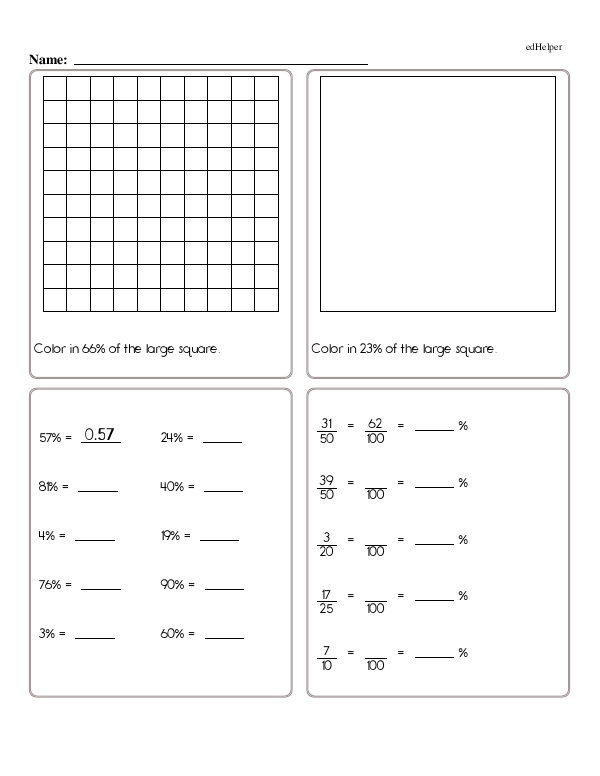 Converting Percents to Decimals, Fractions to Percents, and Shading 100 Blocks