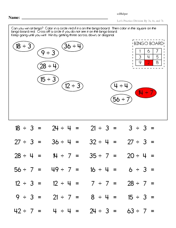 Division Bingo With Single-Digit Divisors