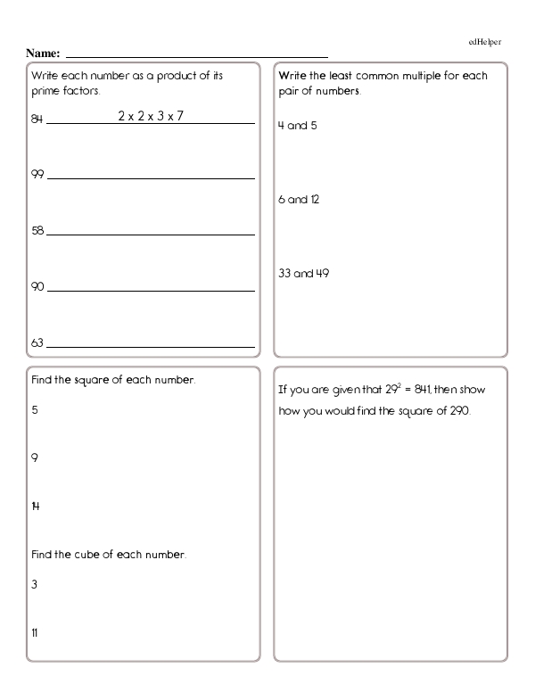 Factors, Multiples, Prime Numbers, and Exponent Practice