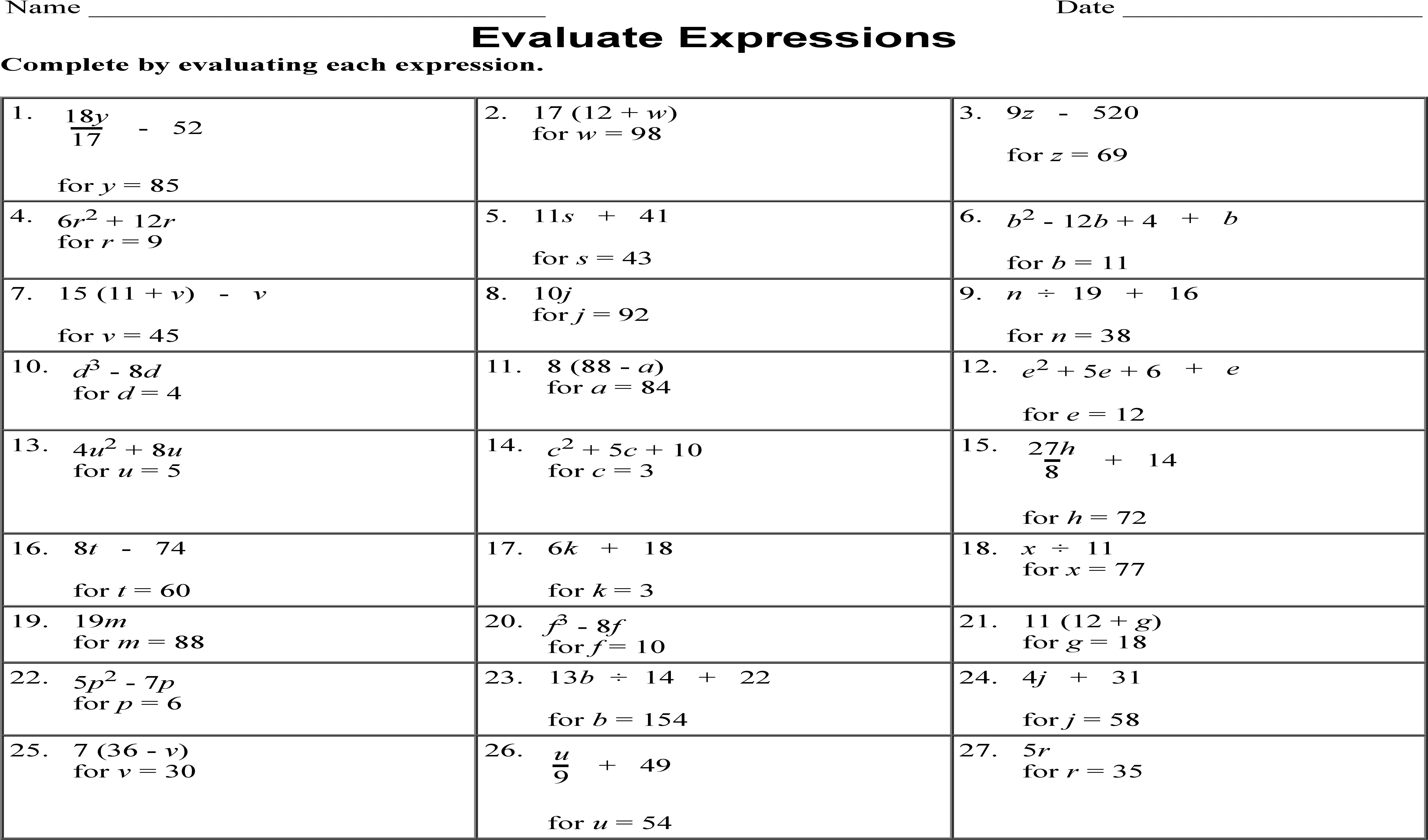 Mastering Algebra: Practice with Variable Substitution and Order of Operations