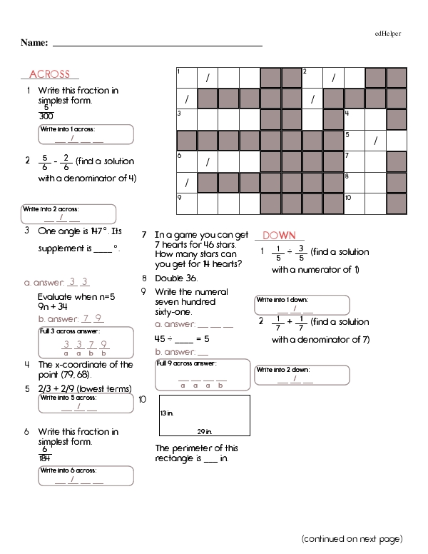 Math Crossword Puzzle: Fractions and Review Math