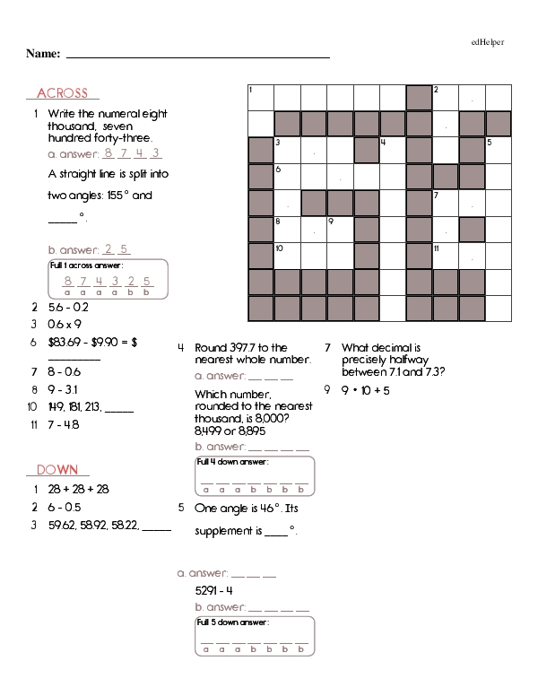 Math Crossword Puzzles: Mixed Skills and Decimals