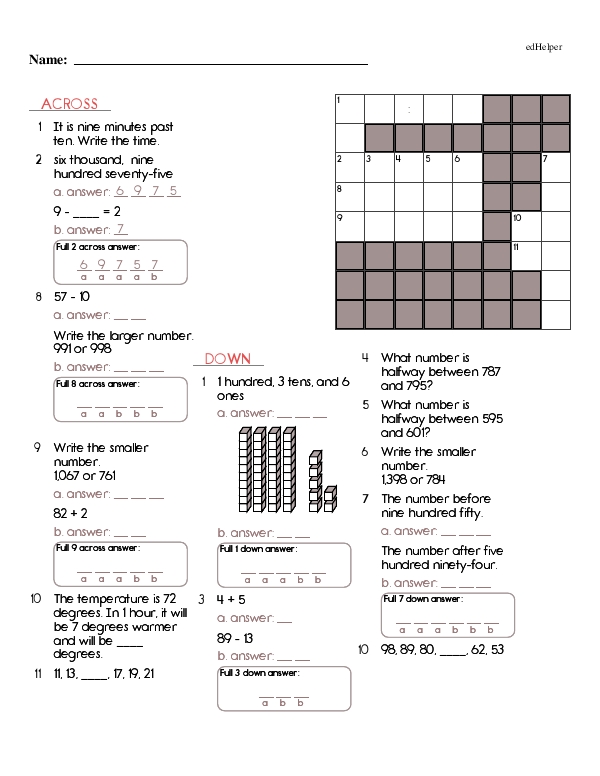 Math Crossword: Telling Time, Word Problems, and More!