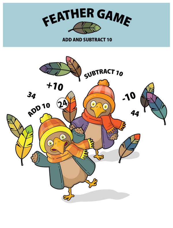 Adding and Subtracting to 20: Feather Center Game with a Die and Cards