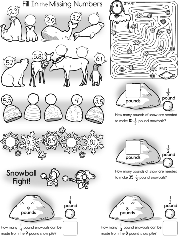 Winter Puzzle Fun: Number Patterns, Maze, and Fractions