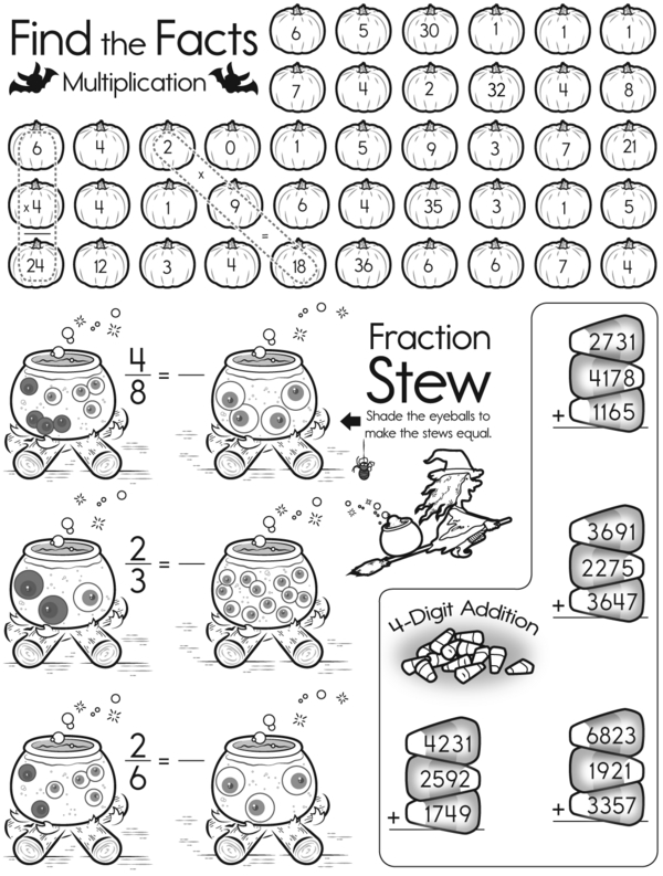 Spooky Math Quest: Multiplication, Fractions, and Carry-Over
