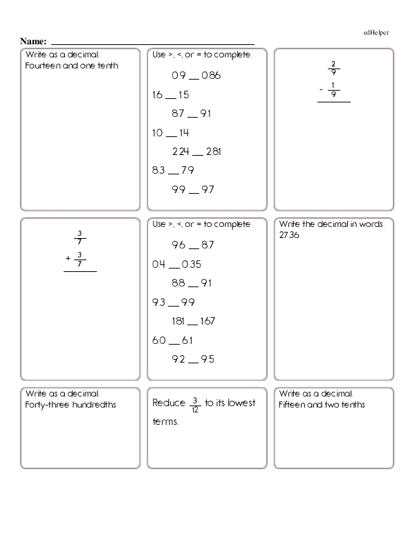 Mixed Skill Review for Decimals and Fractions