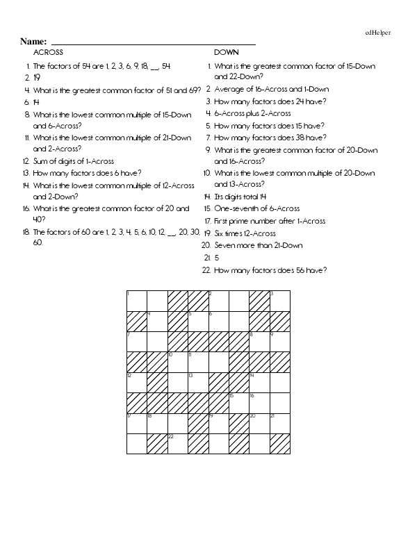 Number Cross Puzzle: Factoring, GCF, and LCF