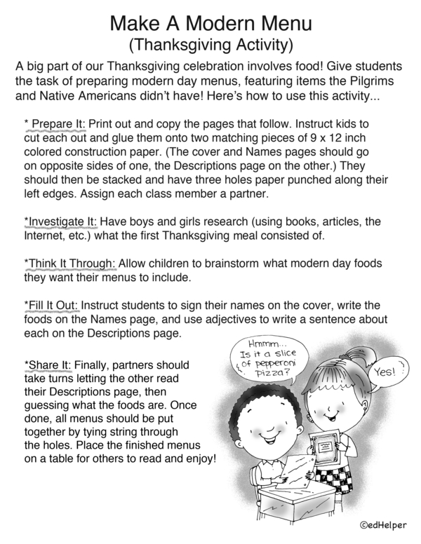 Thanksgiving Menu Fun - Classroom Activity