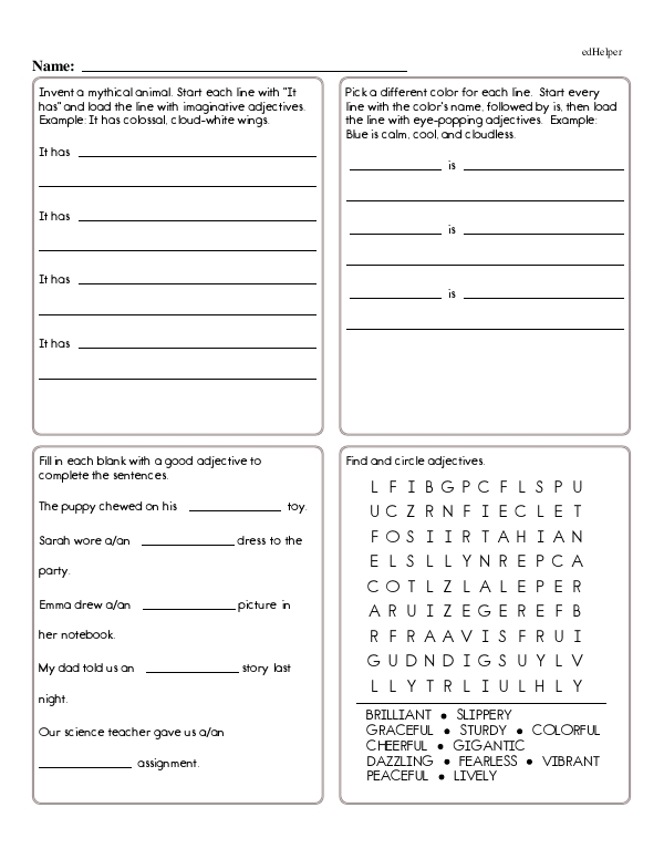 Practicing Adjectives: Completing Sentences, Word Finds, and More