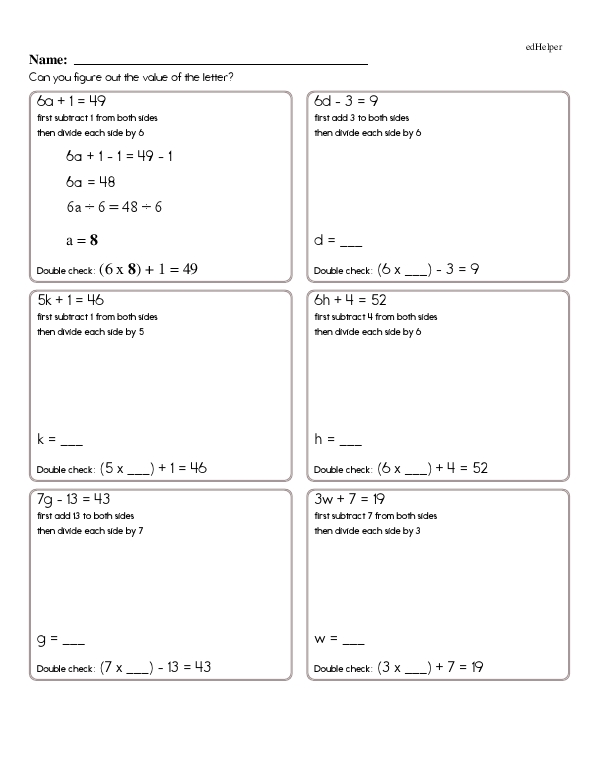 Solve for the Letter in Each Equation, With Additional Problems to Verify the Answer