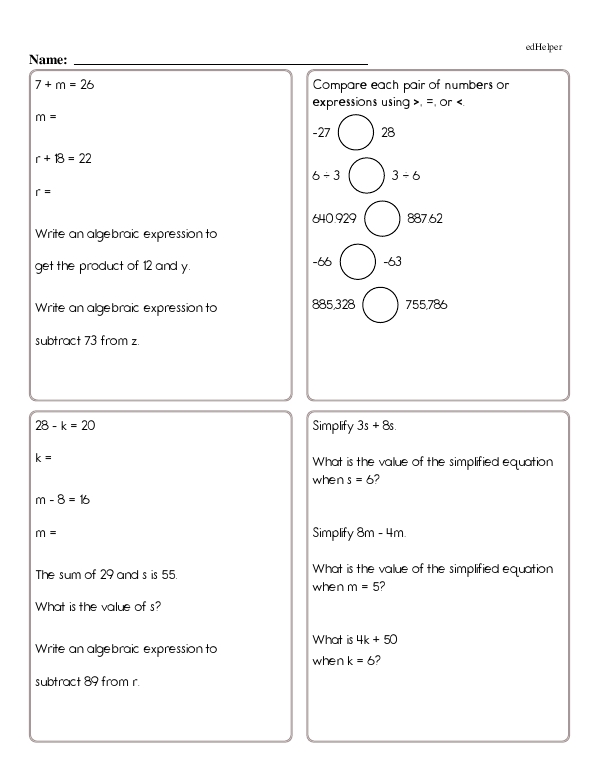 Solving Algebraic Equations, Writing Expressions, and More, Plus Greater Than, Less Than Review