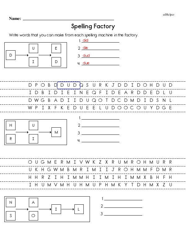 Spelling Factory: Follow the Arrows to Write and Then Find Words