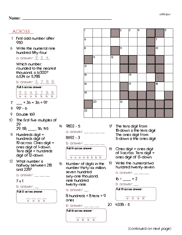 Two-Page Math Review Cross Puzzle Challenge
