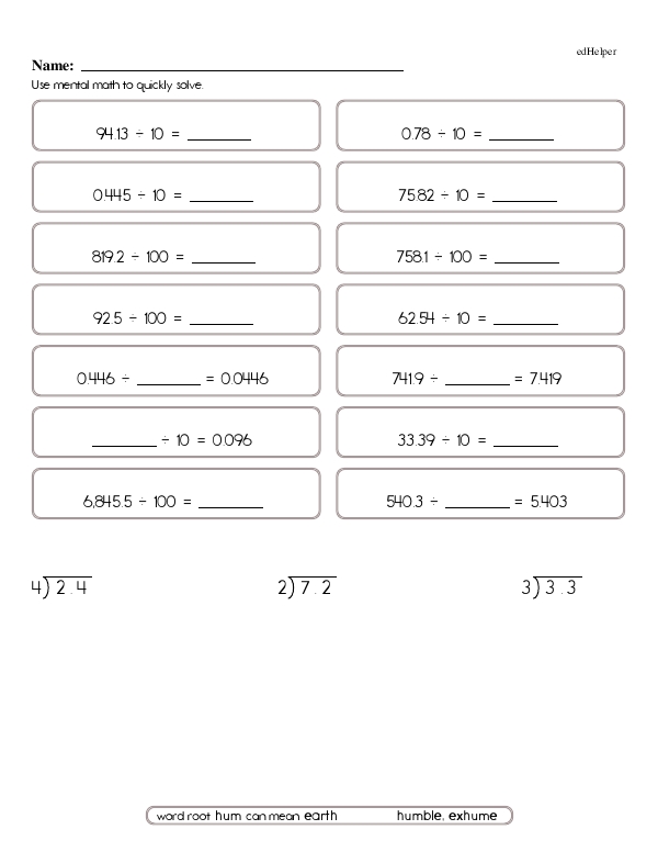 Using Mental Math to Divide Decimals and Powers of Ten
