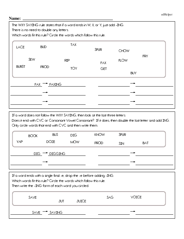 Using the WXY Saying, CVC, and Ending in -e Rules to Add -ING